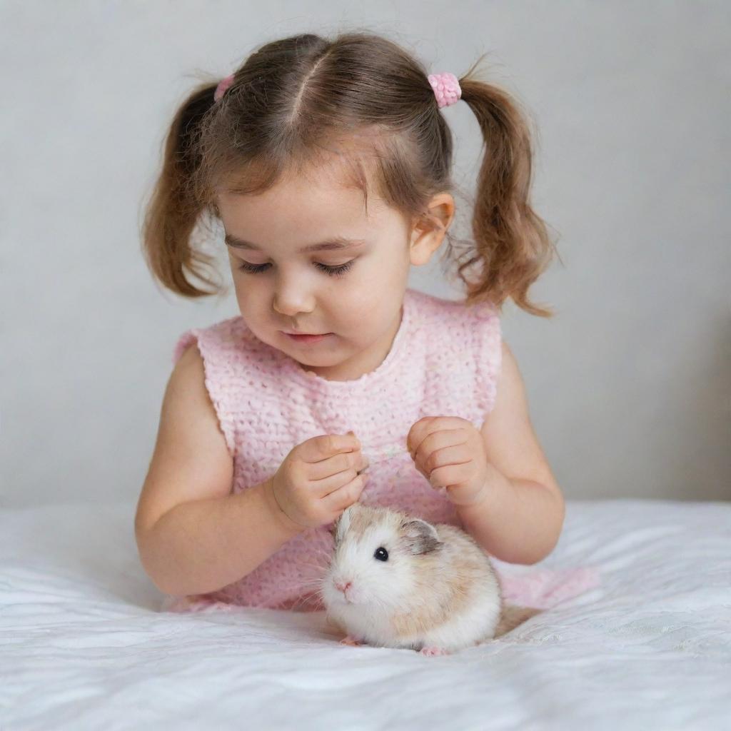 Adorable little girl enthusiastically crocheting, a small, furry hamster sitting and observing nearby.