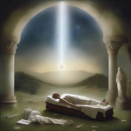 A surreal and thought-provoking image depicting the concept of life after death