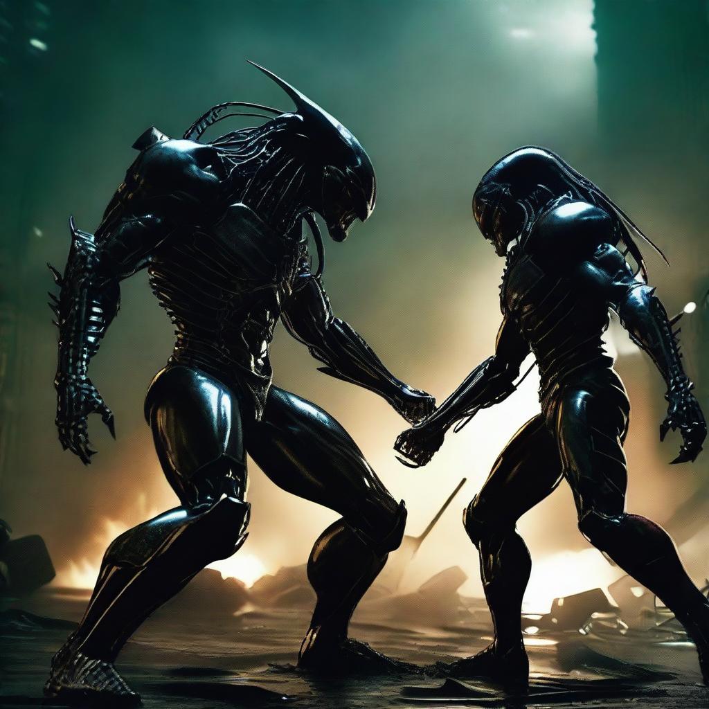 A dynamic and intense image depicting a battle between an Alien and a Predator