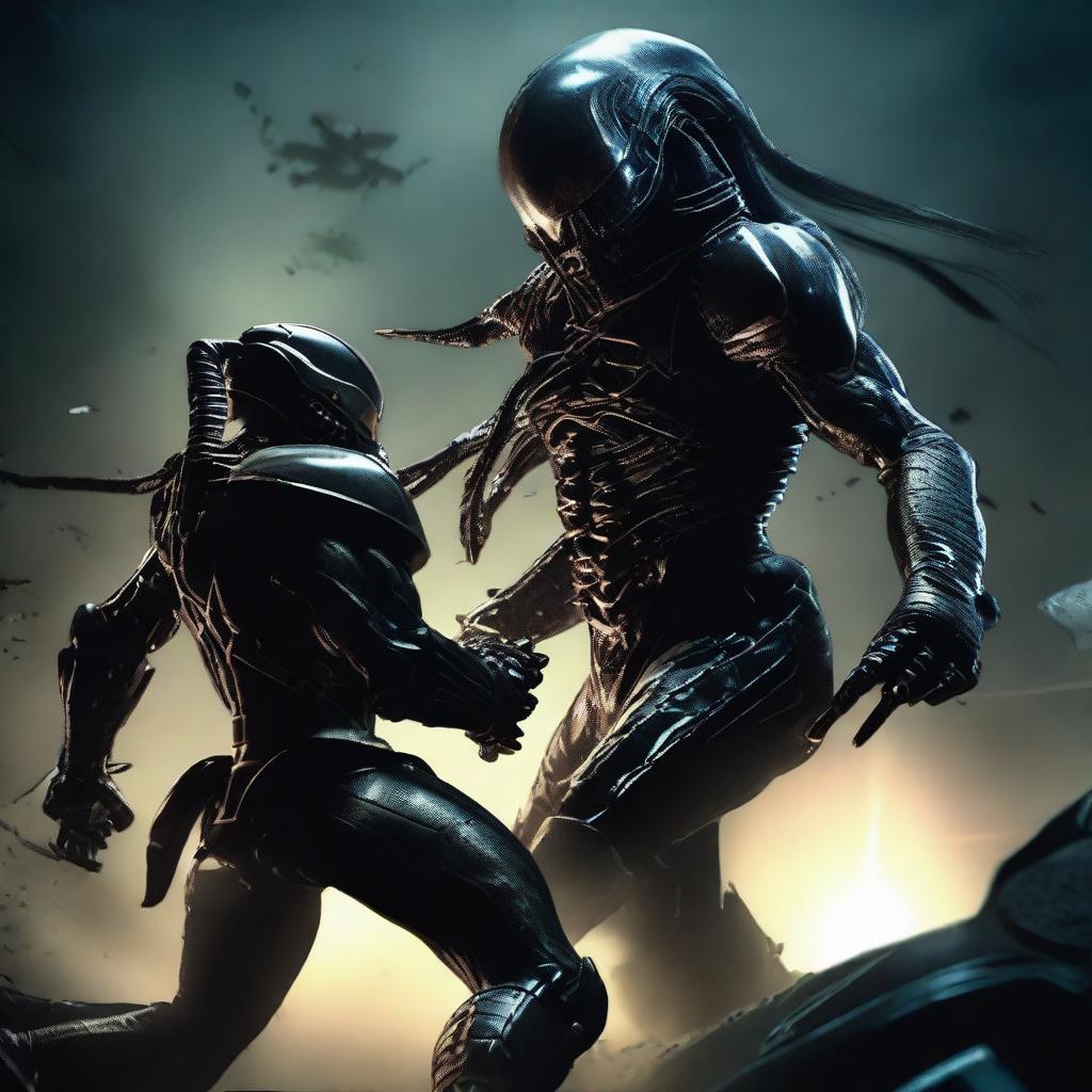 A dynamic and intense image depicting a battle between an Alien and a Predator