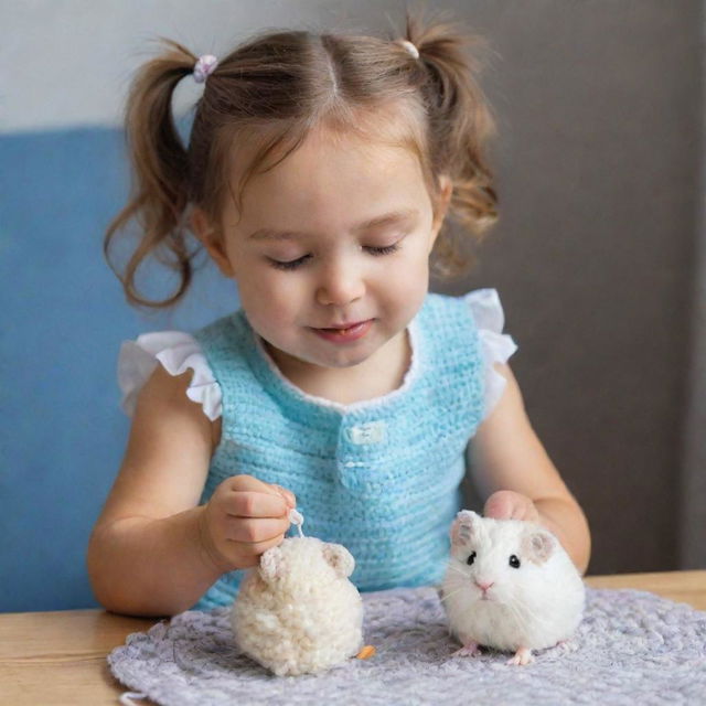 Adorable little girl enthusiastically crocheting, a small, furry hamster sitting and observing nearby.