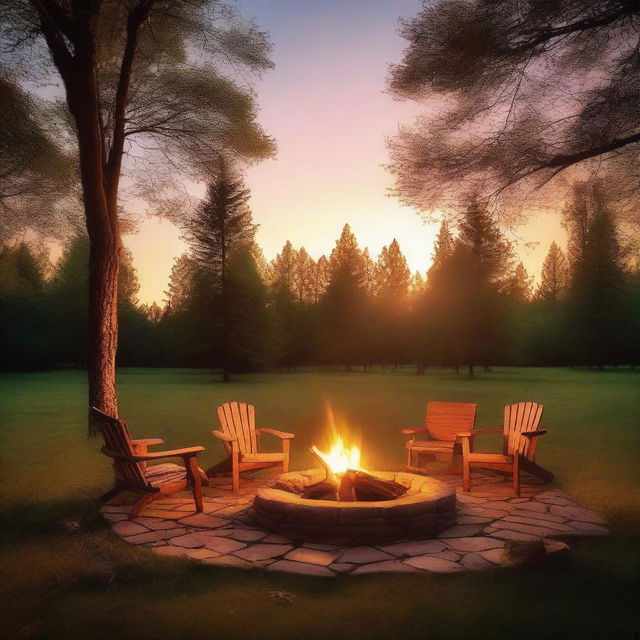 A cozy evening scene set in a clearing during summer