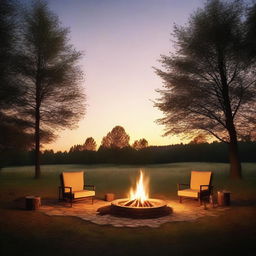 A cozy evening scene set in a clearing during summer