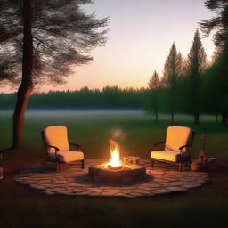 A cozy evening scene set in a clearing during summer