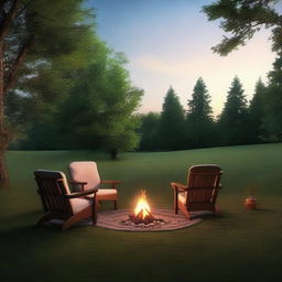 A photorealistic evening scene set in a clearing during summer