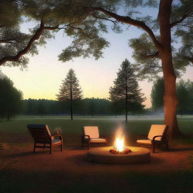 A photorealistic evening scene set in a clearing during summer