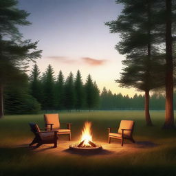 A photorealistic evening scene set in a clearing during summer