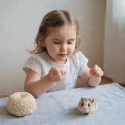 Adorable little girl enthusiastically crocheting, a small, furry hamster sitting and observing nearby.