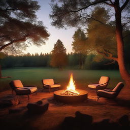 A cozy evening scene set in a clearing during summer