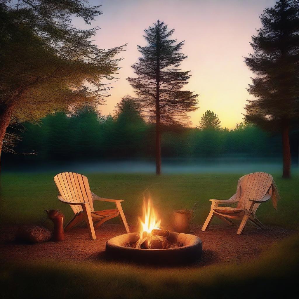 A cozy evening scene set in a clearing during summer