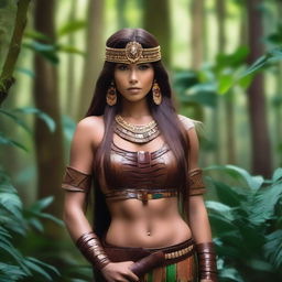 A beautiful woman with long brown hair, resembling an Amazonian warrior