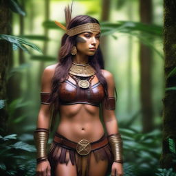 A beautiful woman with long brown hair, resembling an Amazonian warrior