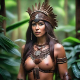 A beautiful woman with long brown hair, resembling an Amazonian warrior