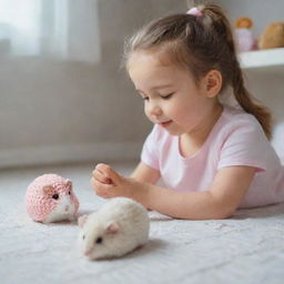 Adorable little girl enthusiastically crocheting, a small, furry hamster sitting and observing nearby.