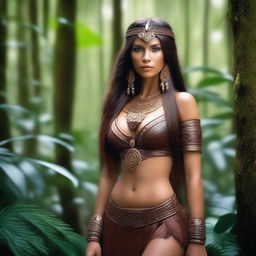 A beautiful woman with long brown hair, resembling an Amazonian warrior