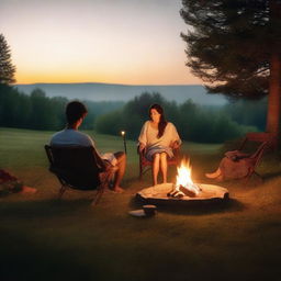 A cozy evening scene set in a clearing during summer