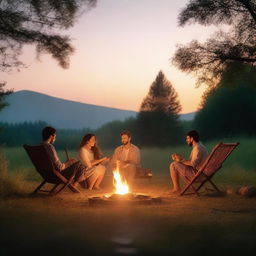 A cozy evening scene set in a clearing during summer