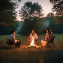 A cozy evening scene set in a clearing during summer