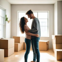 A heartwarming scene of a girlfriend and boyfriend in their new house