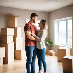 A heartwarming scene of a girlfriend and boyfriend in their new house