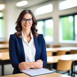 A stylish and attractive teacher standing in a modern classroom