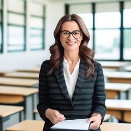 A stylish and attractive teacher standing in a modern classroom