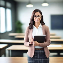 A stylish and attractive teacher standing in a modern classroom