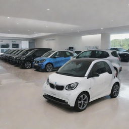 A sleek, modern collection of BMW smart cars positioned in a showroom. The vehicles should exhibit a futuristic design with the iconic logo clearly visible. The atmosphere should evoke innovation and luxury.