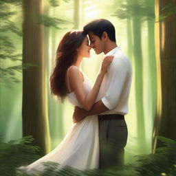 A romantic scene of a couple sharing a tender moment in a serene forest