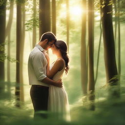 A romantic scene of a couple sharing a tender moment in a serene forest