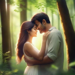 A romantic scene of a couple sharing a tender moment in a serene forest