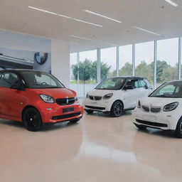 A sleek, modern collection of BMW smart cars positioned in a showroom. The vehicles should exhibit a futuristic design with the iconic logo clearly visible. The atmosphere should evoke innovation and luxury.