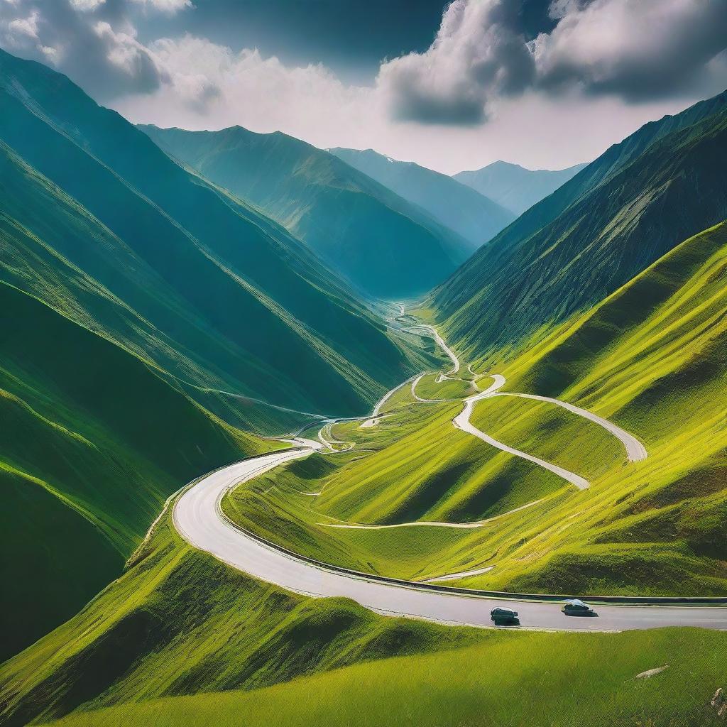 A breathtaking view of the Transfagarasan Highway, known for its winding roads and stunning mountain scenery