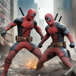 An intense and action-packed scene featuring Deadpool and Wolverine in an epic battle