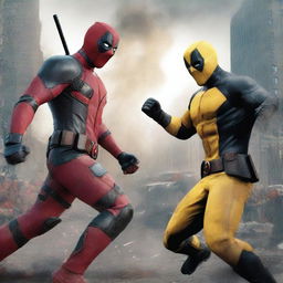 An intense and action-packed scene featuring Deadpool and Wolverine in an epic battle