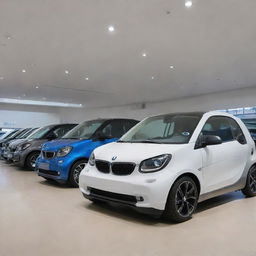 A sleek, modern collection of BMW smart cars positioned in a showroom. The vehicles should exhibit a futuristic design with the iconic logo clearly visible. The atmosphere should evoke innovation and luxury.