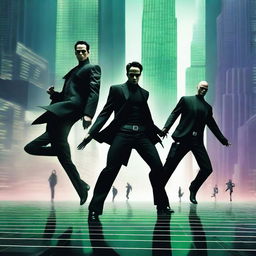 A dynamic and intense scene inspired by The Matrix, featuring people in a futuristic cityscape