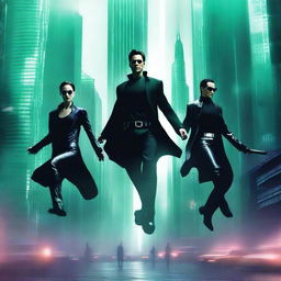 A dynamic and intense scene inspired by The Matrix, featuring people in a futuristic cityscape