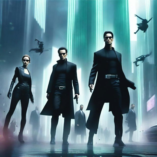 A dynamic and intense scene inspired by The Matrix, featuring people in a futuristic cityscape