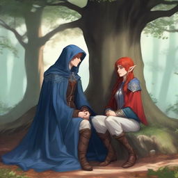 A human paladin in his mid-20s with mid-length hair wearing a blue cloak and hood, sitting under a tree