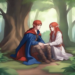 A human paladin in his mid-20s with mid-length hair wearing a blue cloak and hood, sitting under a tree