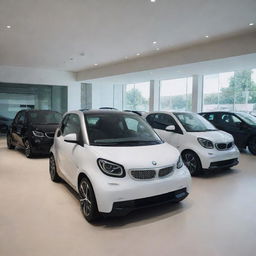 A sleek, modern collection of BMW smart cars positioned in a showroom. The vehicles should exhibit a futuristic design with the iconic logo clearly visible. The atmosphere should evoke innovation and luxury.