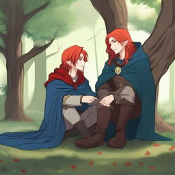 A human paladin in his mid-20s with mid-length hair wearing a blue cloak and hood, sitting under a tree