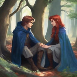 A realistic depiction of a human paladin in his mid-20s with mid-length hair wearing a blue cloak and hood, sitting under a tree