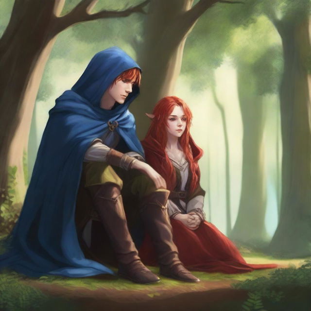 A realistic depiction of a human paladin in his mid-20s with mid-length hair wearing a blue cloak and hood, sitting under a tree