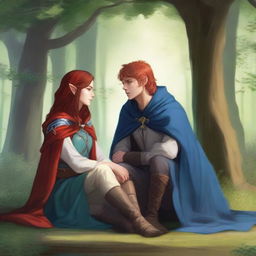 A realistic depiction of a human paladin in his mid-20s with mid-length hair wearing a blue cloak and hood, sitting under a tree