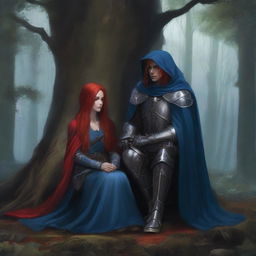 A gothic, realistic depiction of a human paladin in his mid-20s with mid-length hair, wearing plate armor and a blue cloak with a hood, sitting under a tree