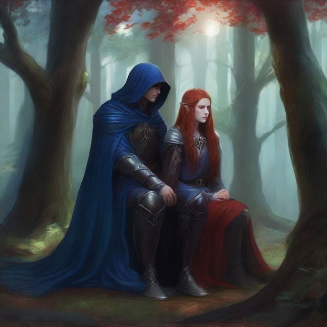 A gothic, realistic depiction of a human paladin in his mid-20s with mid-length hair, wearing plate armor and a blue cloak with a hood, sitting under a tree