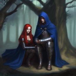 A gothic, realistic depiction of a human paladin in his mid-20s with mid-length hair, wearing plate armor and a blue cloak with a hood, sitting under a tree