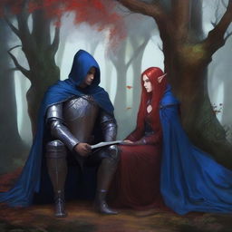 A gothic, realistic depiction of a human paladin in his mid-20s with mid-length hair, wearing plate armor and a blue cloak with a hood, sitting under a tree